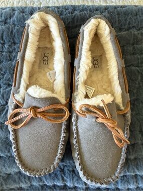 UGG Cream Shearling Lined Slippers with Brown Leather Strap